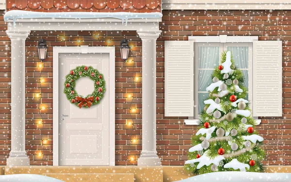 Ingang huis-kerstboom — Stockvector