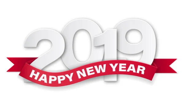 Feliz Año Nuevo 2019 Números Papel Con Texto Cinta Roja — Vector de stock