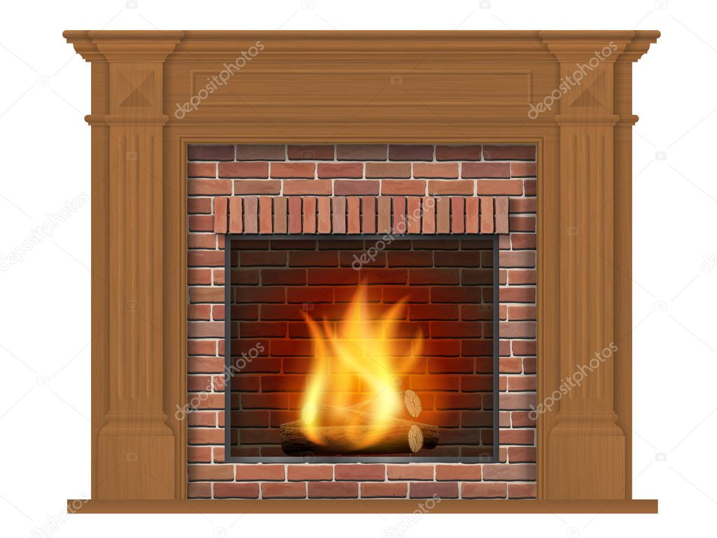 Wooden classic fireplace with wooden decor