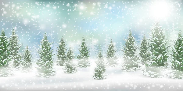 クリスマスの背景 雪の吹きだまりと雪が降っている冬の風景です 針葉樹林に住む カードのためのベクトルの背景 — ストックベクタ