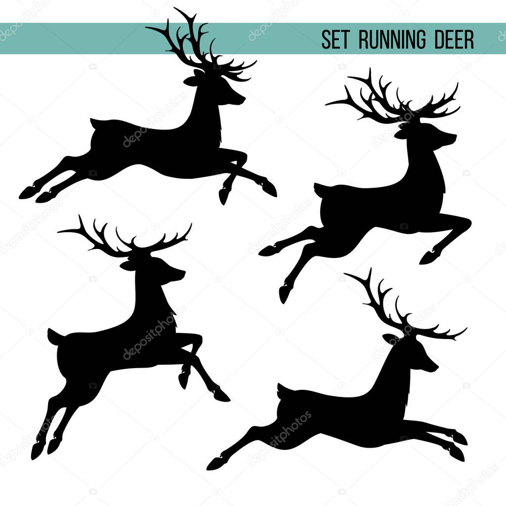 Set silhouette of running deer