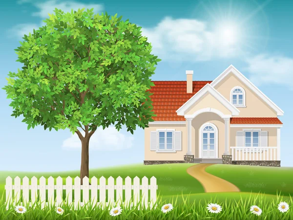 House on a hill and tree — Stock Vector