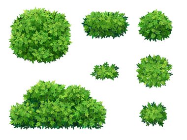 Yeşil çalı ve ağaç taç farklı şekiller kümesi. Süs bitki çalı dekore bir park, bir bahçe veya yeşil bir çit için. Kalın çalılıkları çalılar. Yeşillik bahar ve yaz kartı için Tasarla.