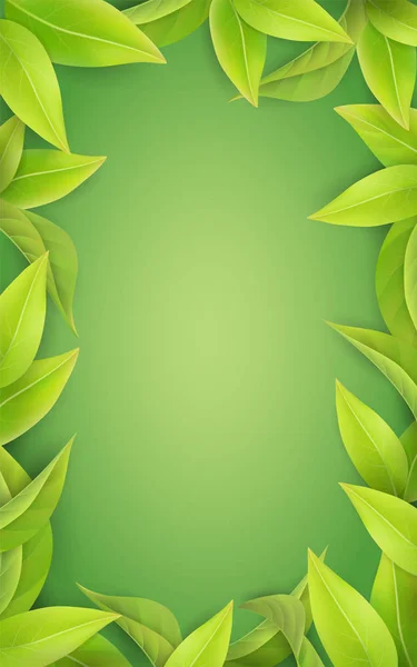 Foglie verdi lussureggianti su uno sfondo verde. Modello di poster di primavera. Illustrazione vettoriale . — Vettoriale Stock