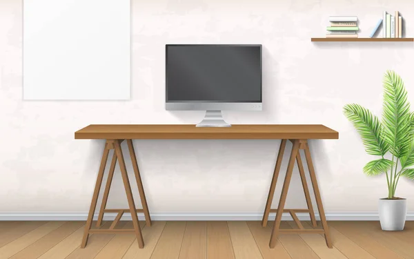 Interior con escritorio de madera y ordenador . — Vector de stock