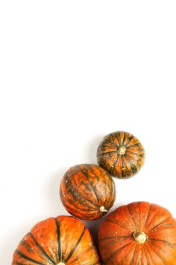 Beyaz arka planda farklı boyutlarda dört balkabağı