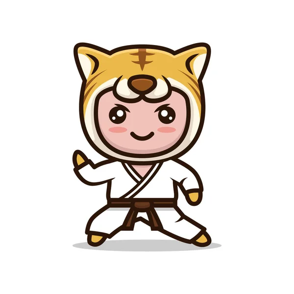 Tiger Niedliches Maskottchen Karate Pose — Stockvektor