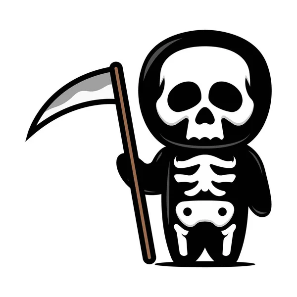 Bonito Pequeno Esqueleto Mascote Design Com Traje Halloween — Vetor de Stock