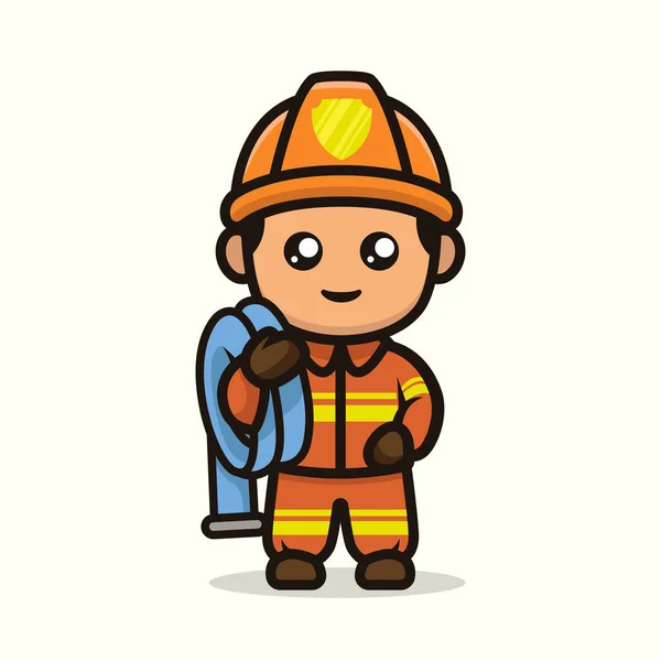 Cute Kawaii Firefighter Mascot Design Illustration — 스톡 벡터