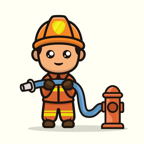 Cute Kawaii Firefighter Mascot Design Illustration — 스톡 벡터