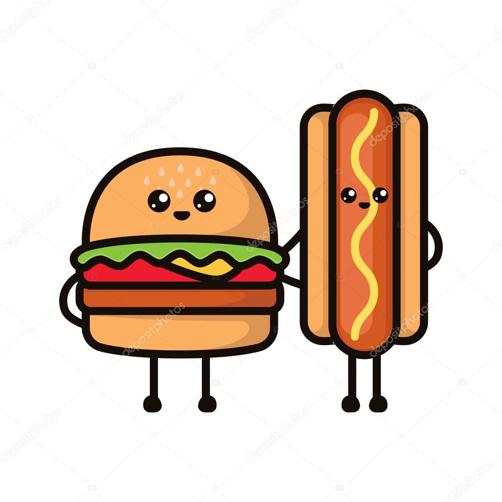 Fast food cute kawaii couple design illustration