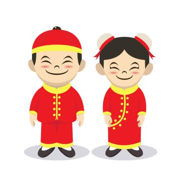 Geleneksel kostüm tasarımı resimli Çinli çocuklar.