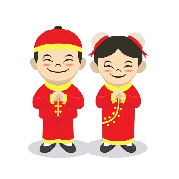 伝統的な衣装マスコットデザインのイラストを持つ子供たちの中国のカップル — ストックベクタ