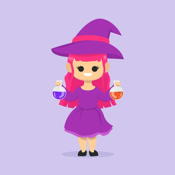 Ragazza Carina Strega Halloween Disegno Della Mascotte Illustrazione — Vettoriale Stock