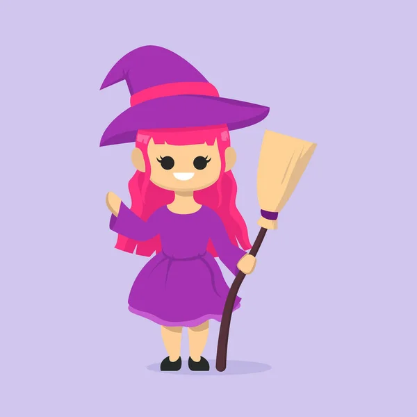 Cute Girl Witch Halloween Mascot Design Illustration — Stock Vector