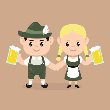 Ekim Festivali kostümü giymiş sevimli bir çift çocuk.