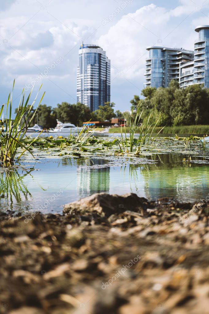 Ecology catastrophy concept, bad green water with chemicals in t