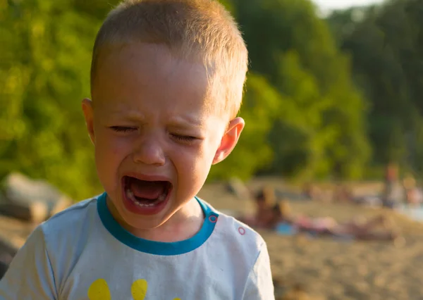 Hysteria Child Little Boy Crying Street Beach Sea — Stock Photo, Image