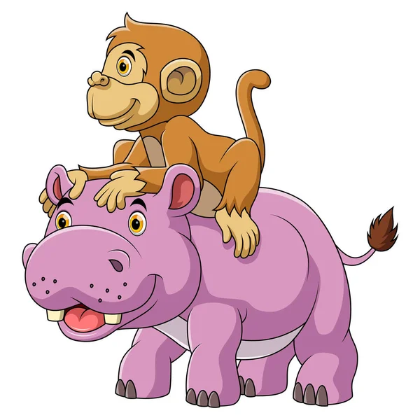 Grand hippopotame et singe mignon — Image vectorielle