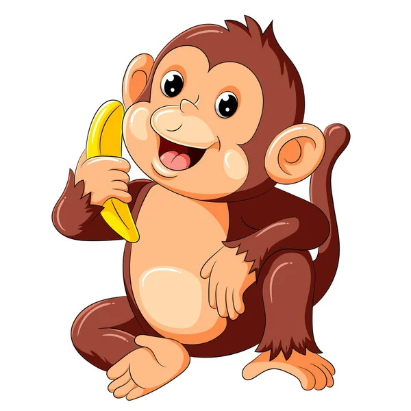 Cute monkey sitting and holding banana — Stock Vector