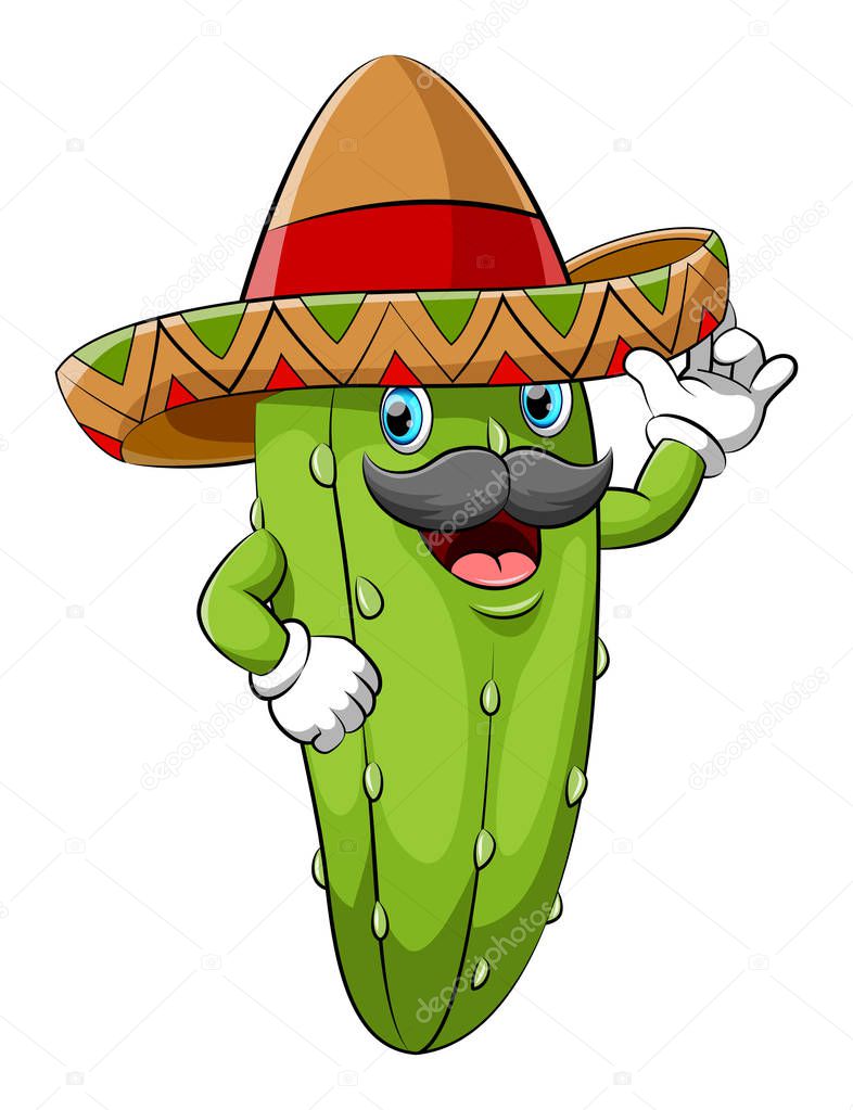 Happy cucumber with sombrero cartoon character