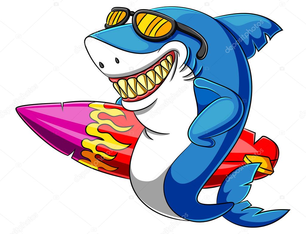 A shark cartoon with eyeglasses carrying surfboard