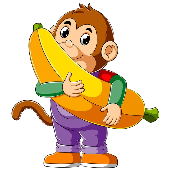 Macaco dos desenhos animados segurando banana grande — Vetor de Stock