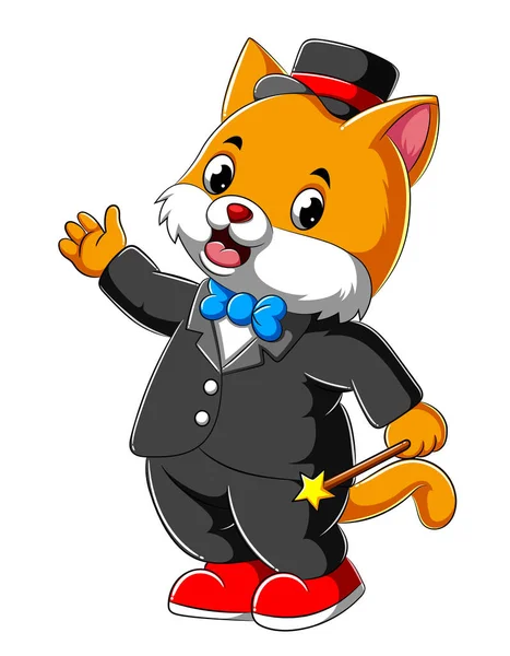 Cartoon kot w pełnym garniturze trzyma Magician Stick — Wektor stockowy