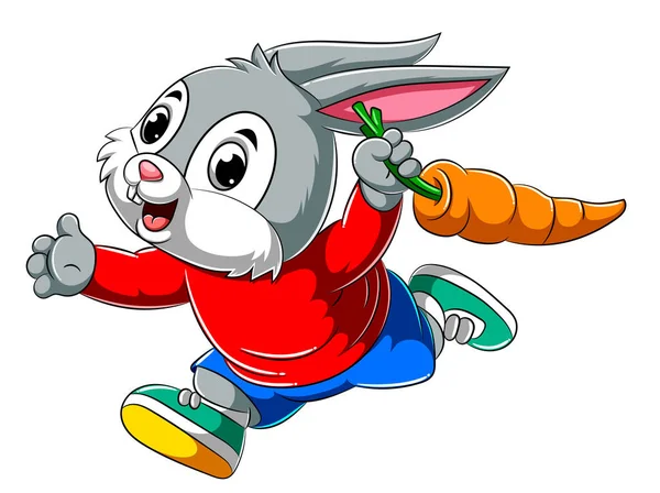 Мультфільм щасливий кролик біжить і тримає велику моркву — стоковий вектор
