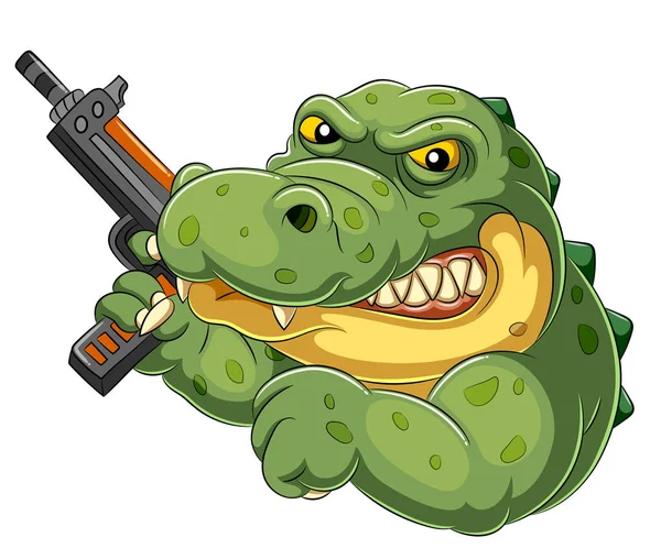 Strong and angry cartoon crocodile holding an gun — Stock Vector