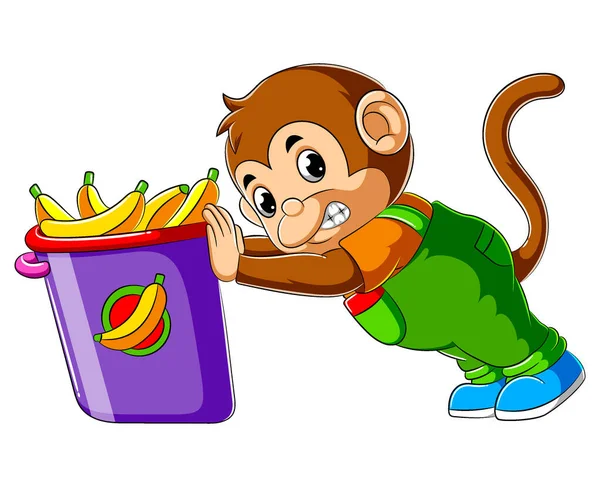 Małpa Popycha Kosz Śmieci Ilustracji — Wektor stockowy