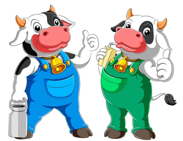 Two Cow Cartoon Standing Drinking Milk Illustration — Stock Vector