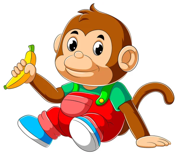 Dítě Opice Sedí Drží Banán Ilustrace — Stockový vektor