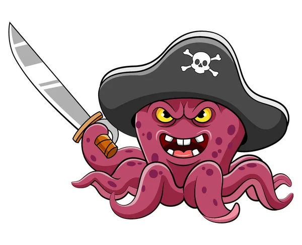 Rozzlobený Chobotnice Piráti Karikatura Drží Meč Ilustrace — Stockový vektor