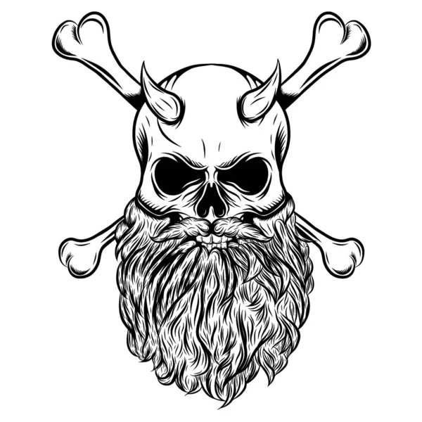 Calavera Con Cuernos Con Barba Hueso Cruzado Ilustración — Vector de stock