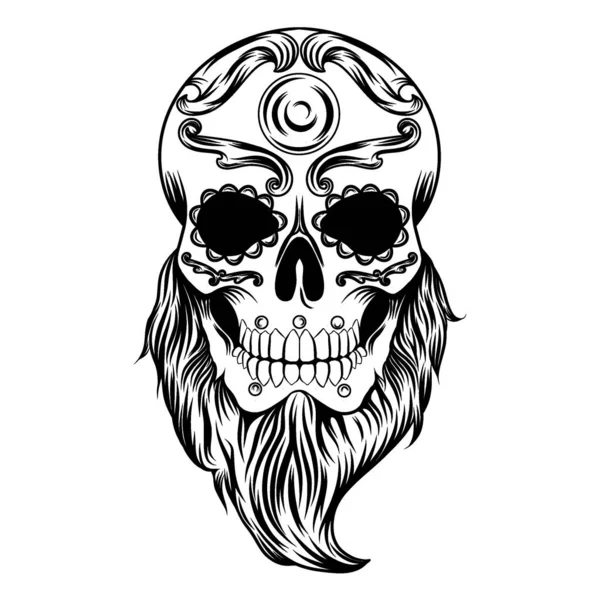 Illustration Des Tatouages Jour Crâne Mort Avec Barbe — Image vectorielle