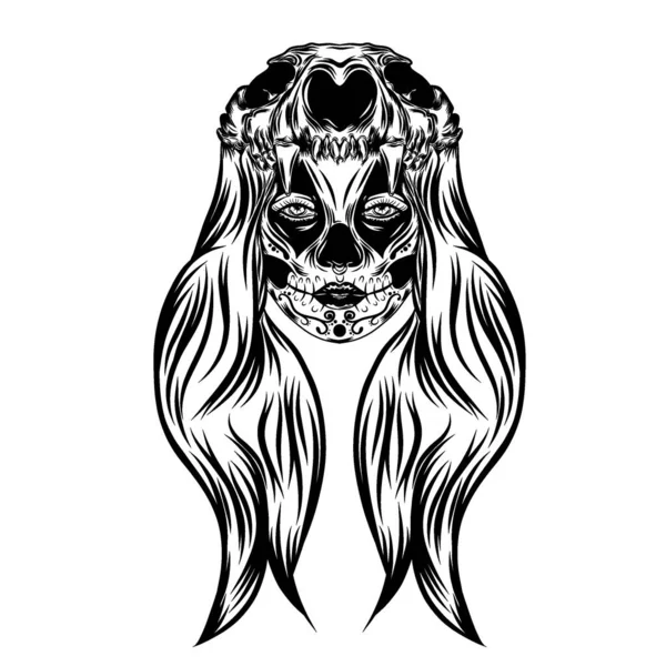 Tatouage Inspiration Fille Avec Les Femmes Avec Crâne Animal Tête — Image vectorielle