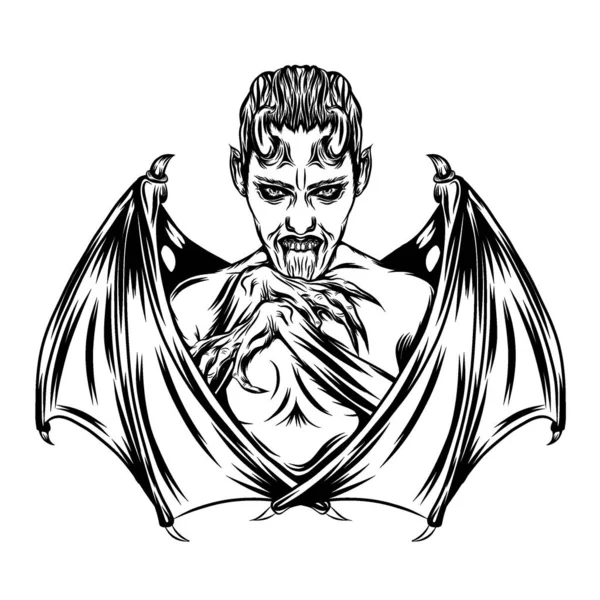 Tatueringen Illustration Dracula Pojken Med Vass Vinge Slagträ — Stock vektor