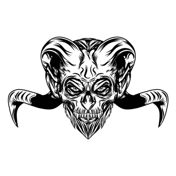 Tattoo Illustratie Van Het Kwade Hoofd Met Lange Geitenhoorns — Stockvector