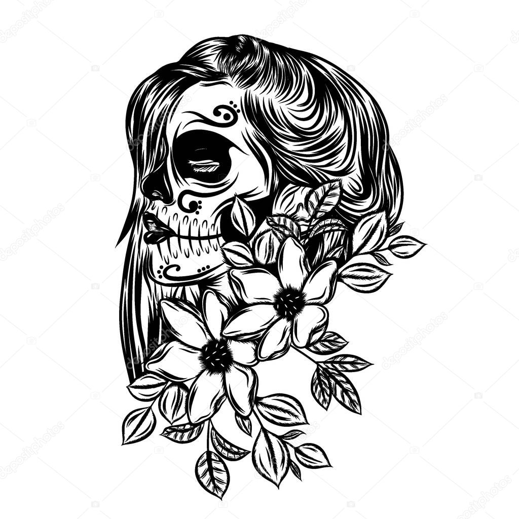 The illustration of the pretty day of the dead with the flower face art