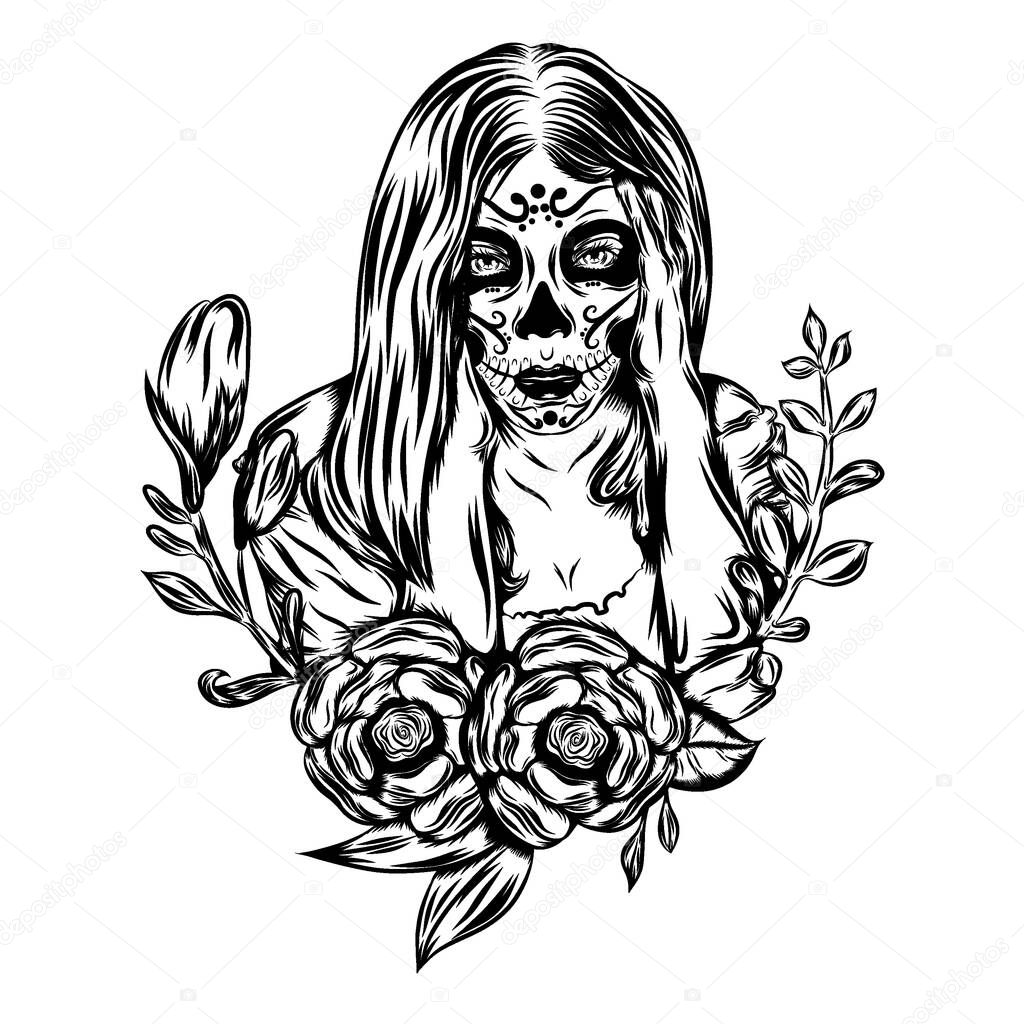 The tattoo illustration with scared beautiful of a day of the dead face art