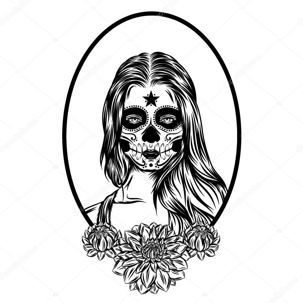 The tattoo illustration of a day of the dead women face art with the long hair