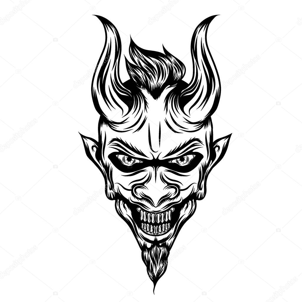 The tattoo illustration of the devil with long horns and scare face