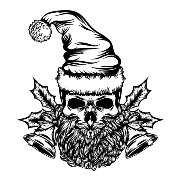 Illustration Crâne Mort Avec Cloche Noël Pour Les Idées Tatouages — Image vectorielle