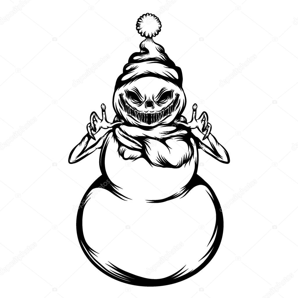 The tattoo illustration of the scare snowman for the Halloween uses the Christmas hat