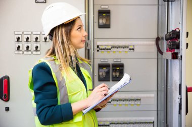 Kontrol odasındaki kontrol panelinin önünde duran genç iş kadını.