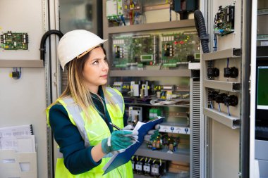 Kontrol odasındaki kontrol panelinin önünde duran genç iş kadını.