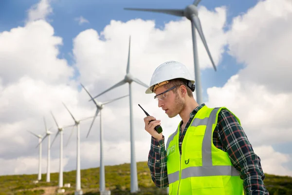 Portrait Young Male Confident Engineer Wind Turbines — Stock Photo, Image