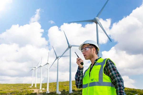 Portrait Young Male Confident Engineer Wind Turbines — Stock Photo, Image