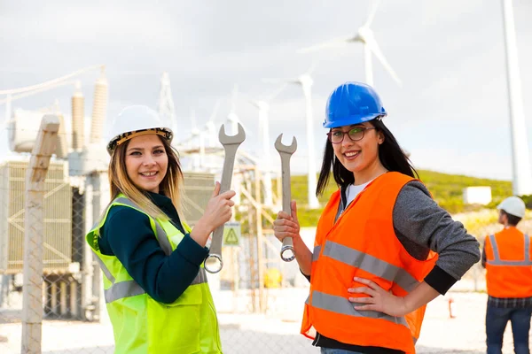 Portrait Happy Two Young Technical Engineers Woman Looking Camera Posing — Stock Photo, Image